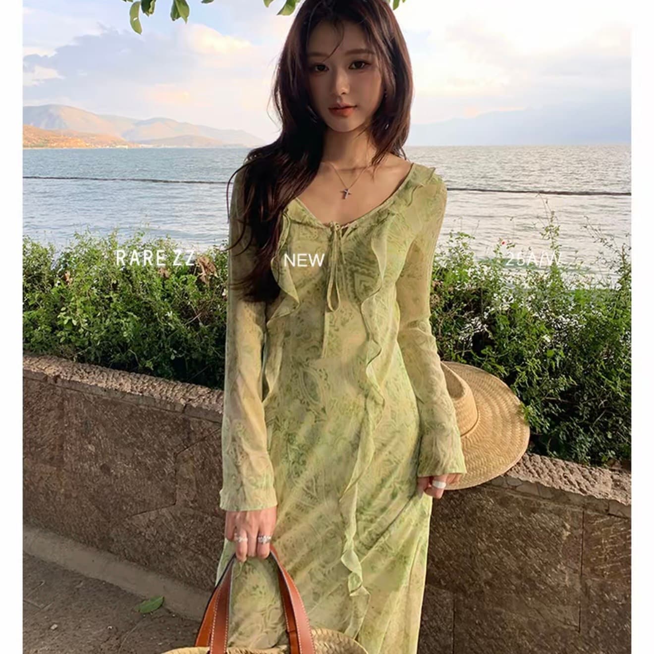 서부 지역 재스민 프랑스식 프릴 프린트 마이크로 ~을 통해 쉬폰 v 칼라 휴가 바람 요정 롱 스커트 이미지 5