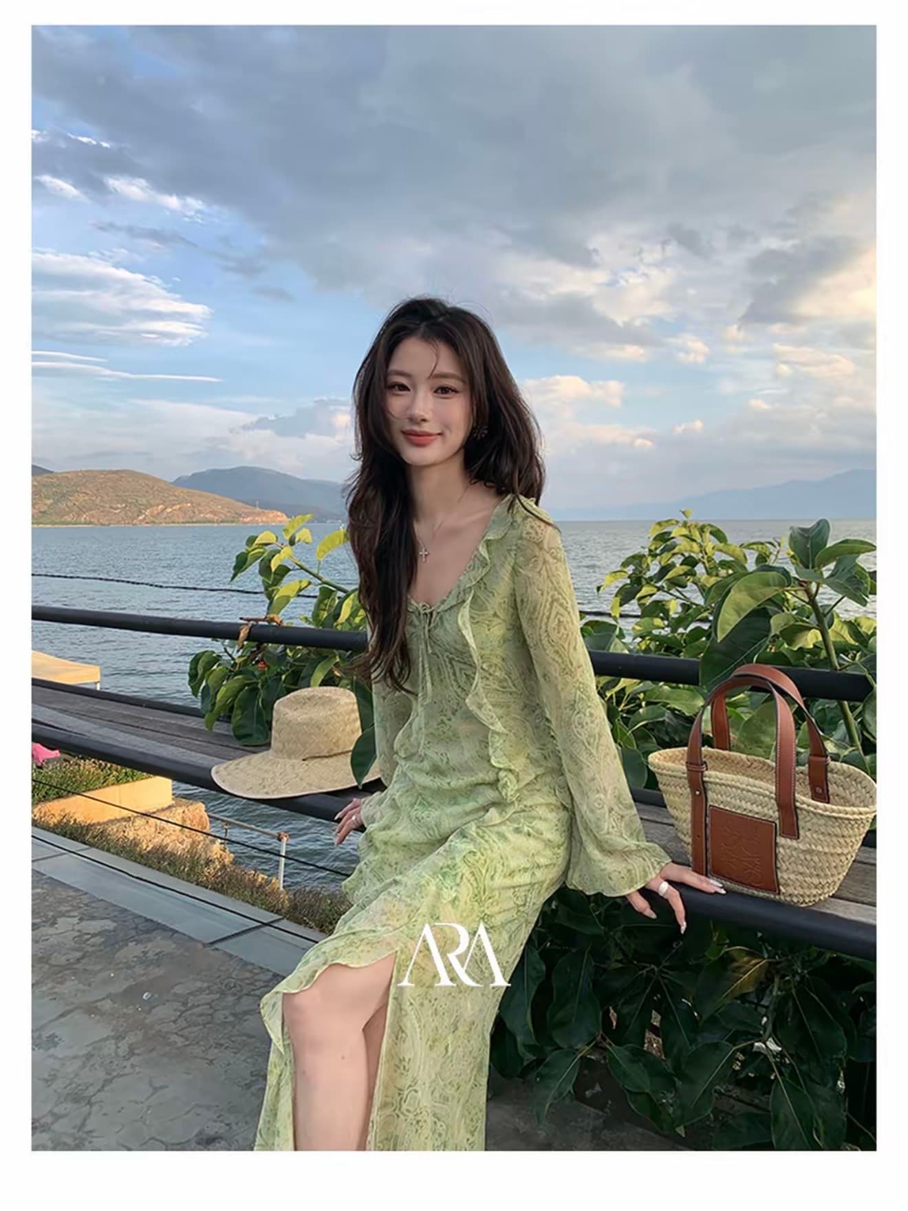 서부 지역 재스민 프랑스식 프릴 프린트 마이크로 ~을 통해 쉬폰 v 칼라 휴가 바람 요정 롱 스커트 이미지 2