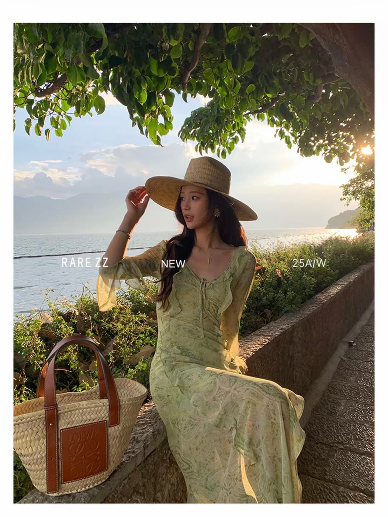 서부 지역 재스민 프랑스식 프릴 프린트 마이크로 ~을 통해 쉬폰 v 칼라 휴가 바람 요정 롱 스커트 상세 이미지 2
