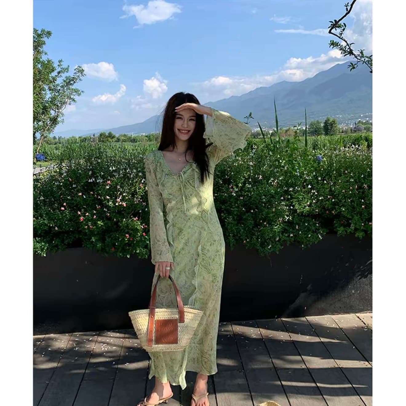 서부 지역 재스민 프랑스식 프릴 프린트 마이크로 ~을 통해 쉬폰 v 칼라 휴가 바람 요정 롱 스커트 상세 이미지 6