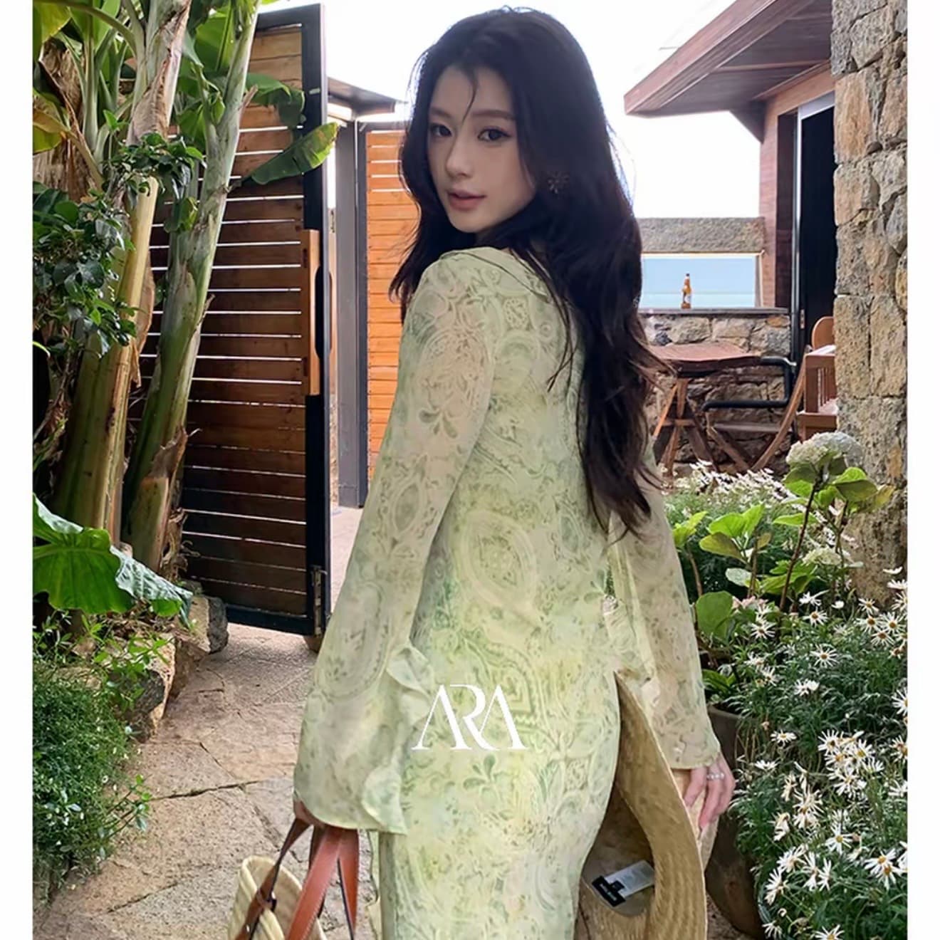 서부 지역 재스민 프랑스식 프릴 프린트 마이크로 ~을 통해 쉬폰 v 칼라 휴가 바람 요정 롱 스커트 상세 이미지 7