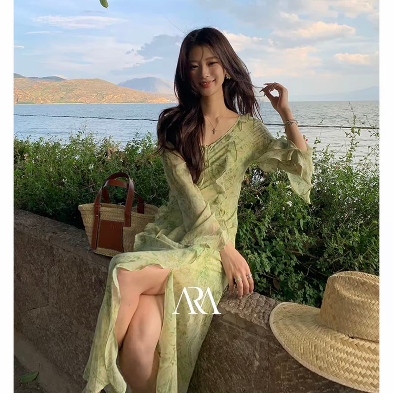 서부 지역 재스민 프랑스식 프릴 프린트 마이크로 ~을 통해 쉬폰 v 칼라 휴가 바람 요정 롱 스커트 상세 이미지 10