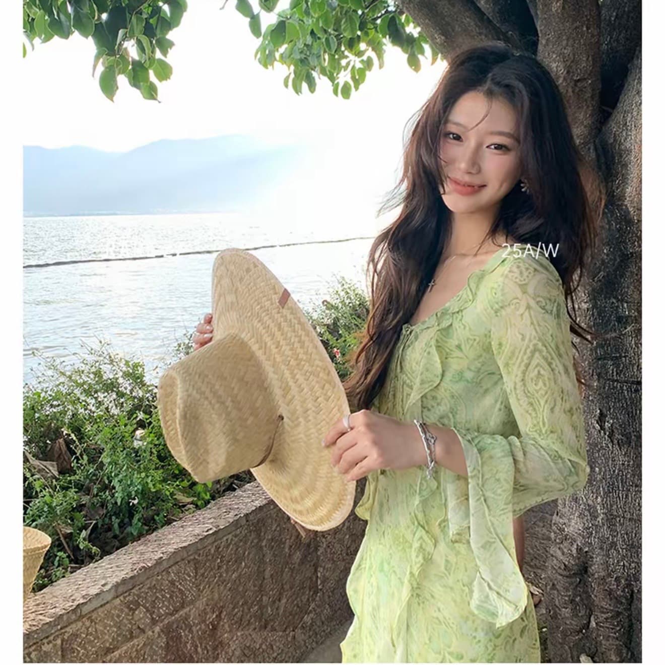 서부 지역 재스민 프랑스식 프릴 프린트 마이크로 ~을 통해 쉬폰 v 칼라 휴가 바람 요정 롱 스커트 상세 이미지 11