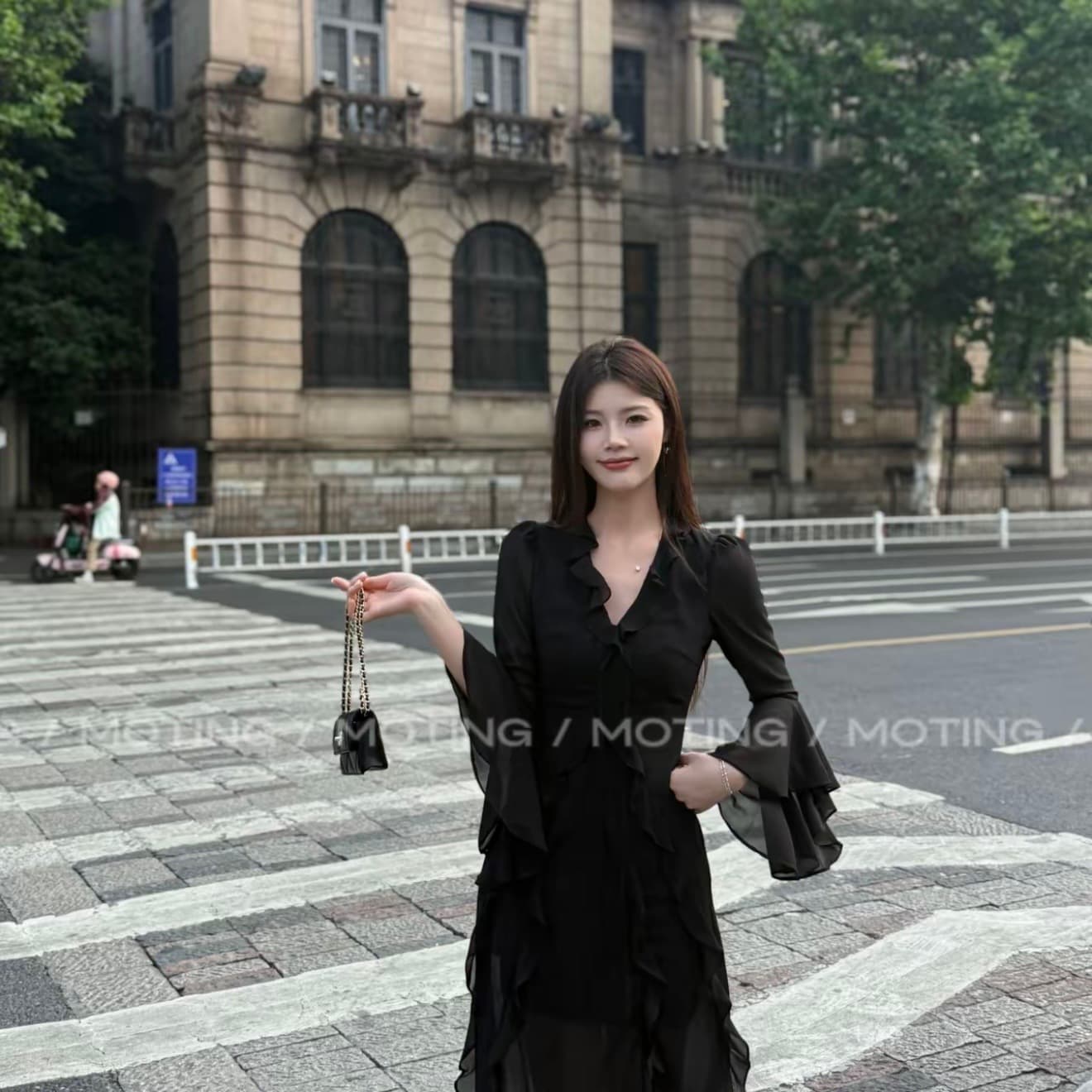 가장 무도회 프랑스식 고급 센스 나팔 소매 프릴 로얄 자매 품격 허리 수축 슬림해 보이는 롱 코트 드레스 이미지 2