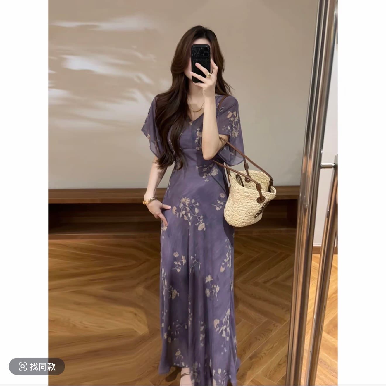 대 찌르기 여름 새로운 보라색 부적 배트윙 소매 V넥 몸매 가꾸기 슬림해 보이는 드레스 롱 스커트 이미지 2
