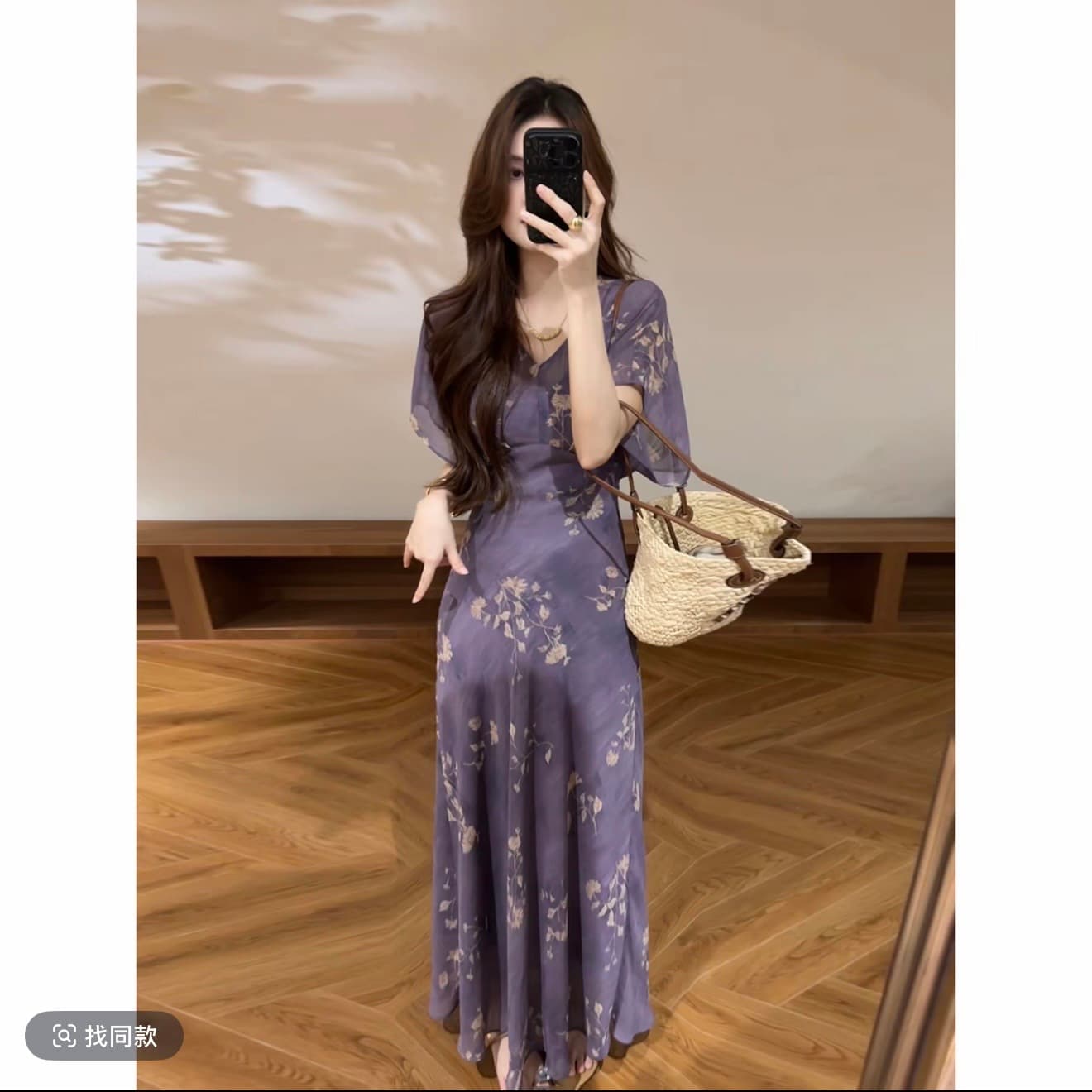 대 찌르기 여름 새로운 보라색 부적 배트윙 소매 V넥 몸매 가꾸기 슬림해 보이는 드레스 롱 스커트 이미지 4