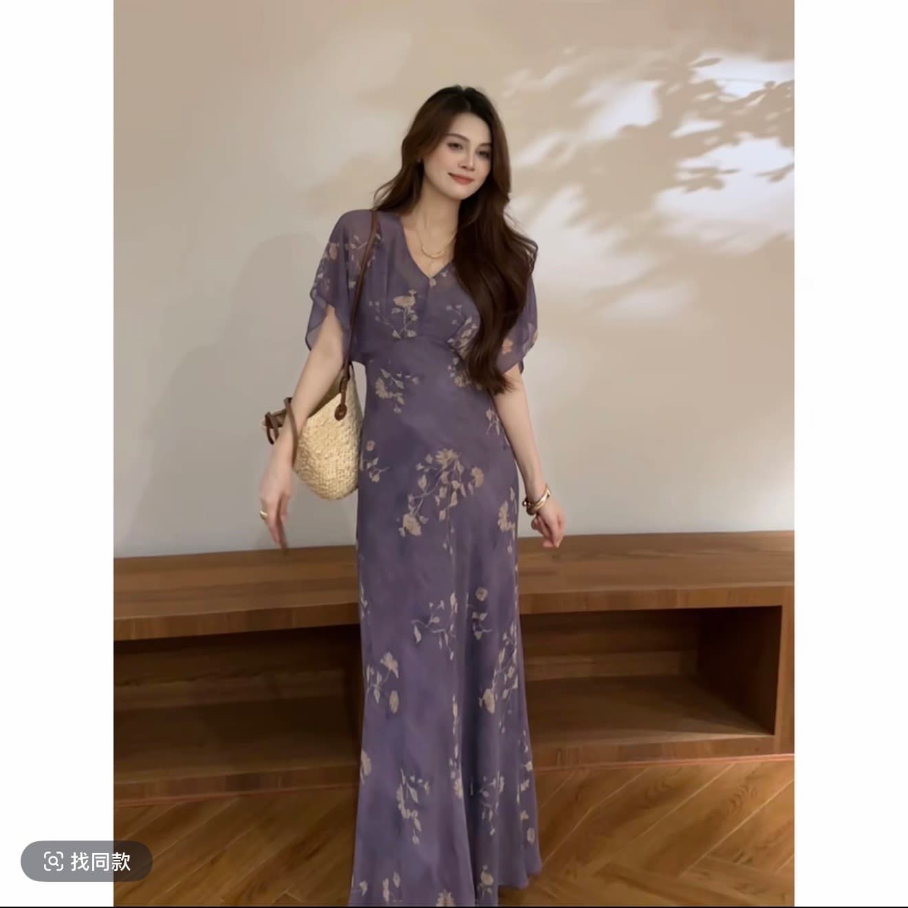 대 찌르기 여름 새로운 보라색 부적 배트윙 소매 V넥 몸매 가꾸기 슬림해 보이는 드레스 롱 스커트 상세 이미지 2