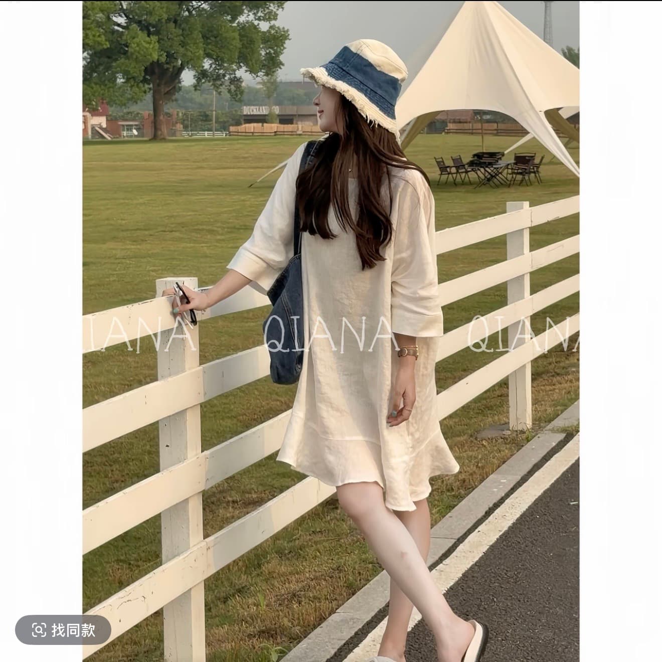 qiana 부자 치마 느긋한 바람 루즈핏 라운드 넥 슬림해 보이는 쇼트 스타일 드레스 이미지 5