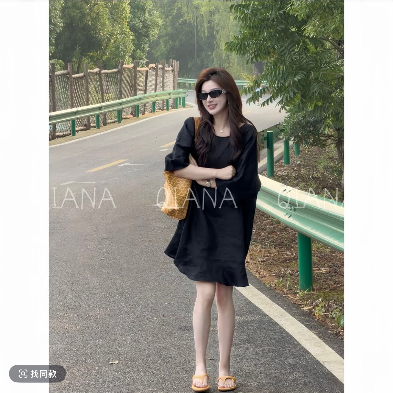 qiana 부자 치마 느긋한 바람 루즈핏 라운드 넥 슬림해 보이는 쇼트 스타일 드레스 상세 이미지 3