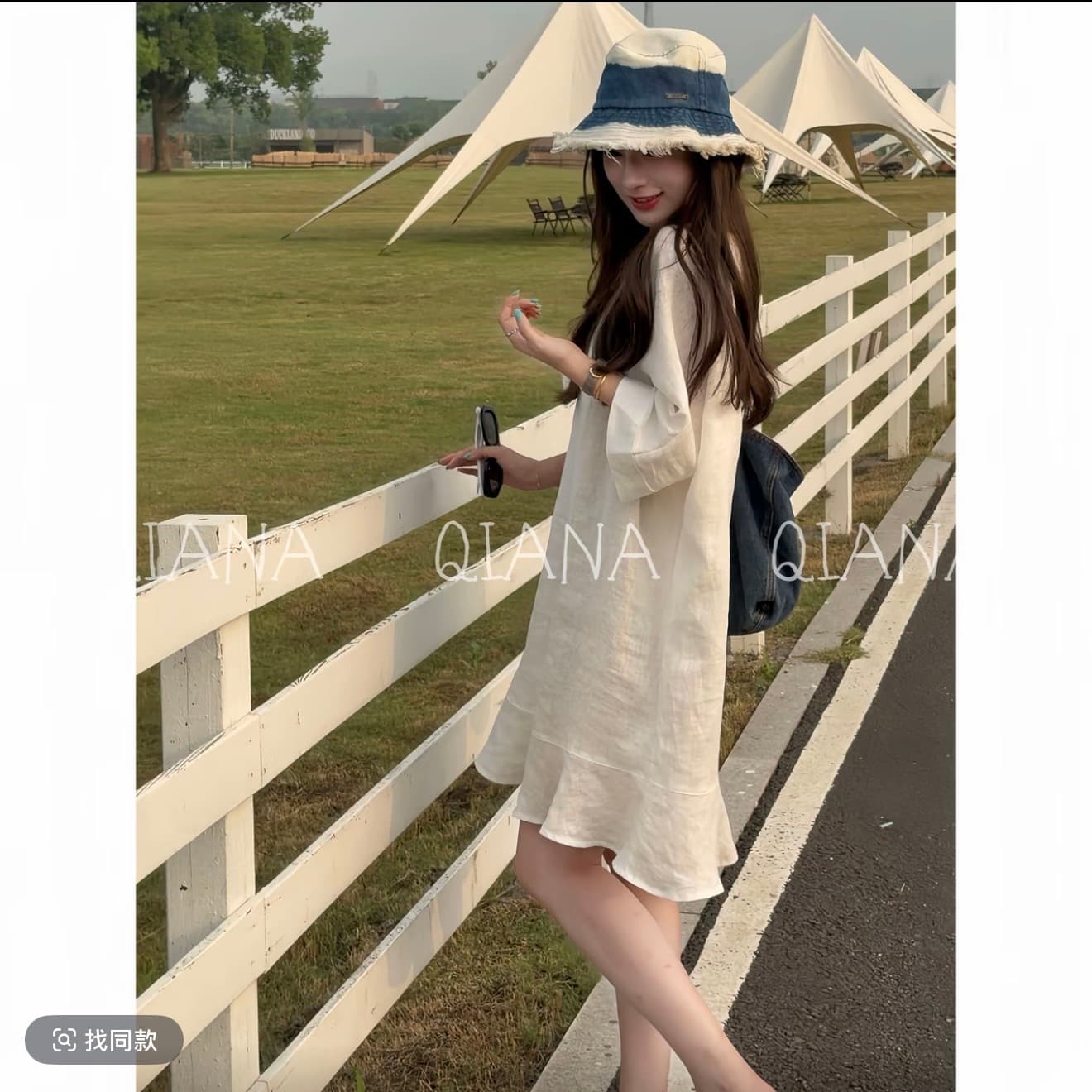 qiana 부자 치마 느긋한 바람 루즈핏 라운드 넥 슬림해 보이는 쇼트 스타일 드레스 상세 이미지 5