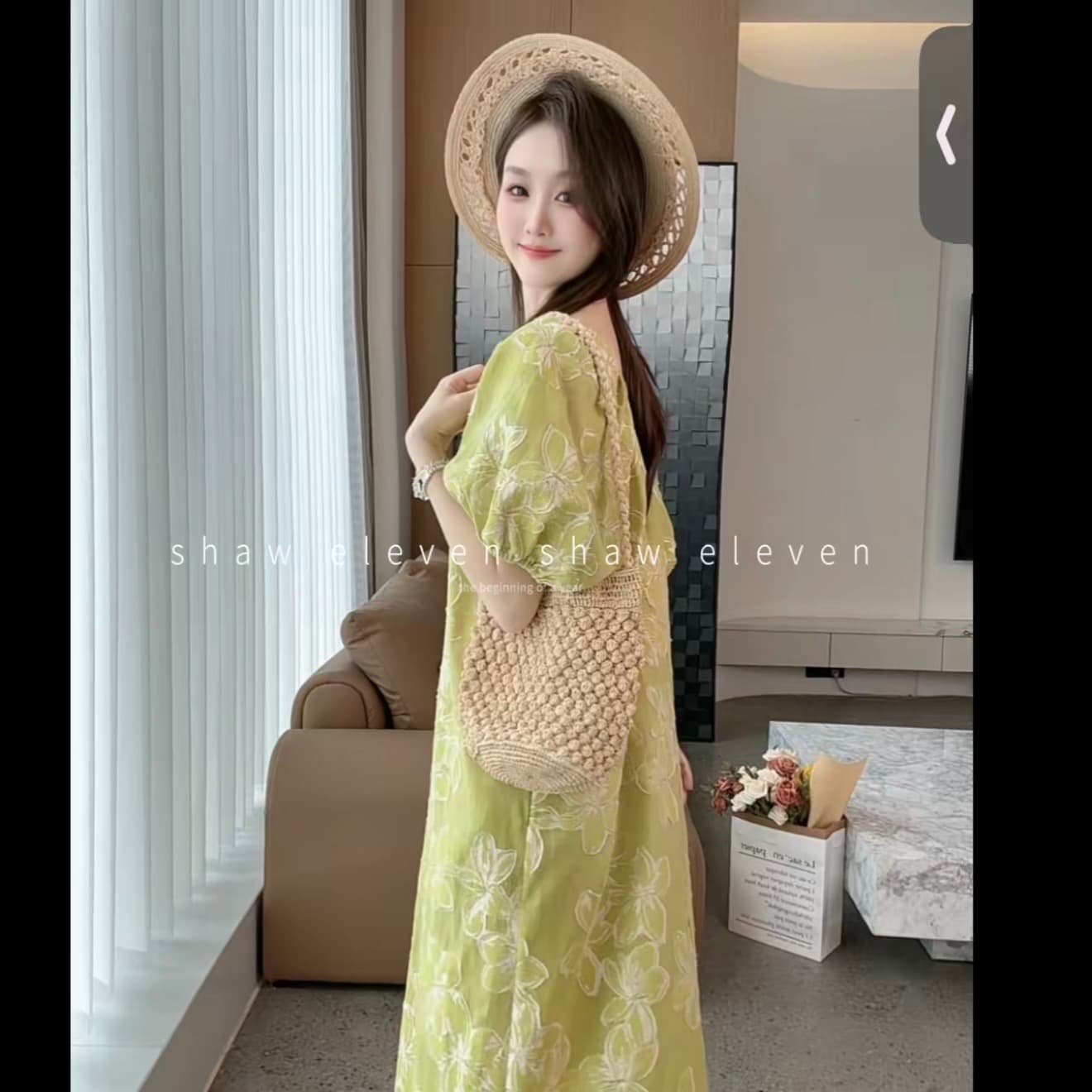shaweleven. 알고있다. 여름 디자이너 높음 세트 여름 버터 과일 녹색 3 차원 자카드 느긋한 롱 스커트 이미지 2