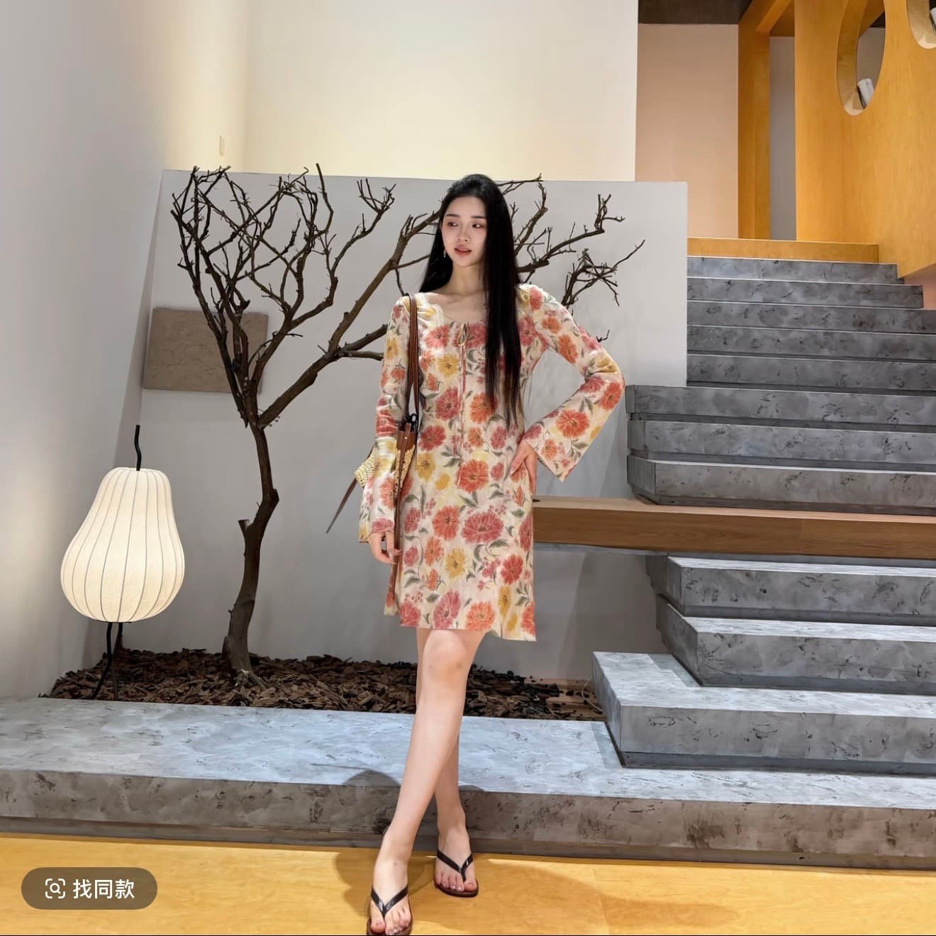 euri 한여름 주황색 색상 丨 더블 크레이프 긴팔 쇼트 스타일 드레스 이미지 2