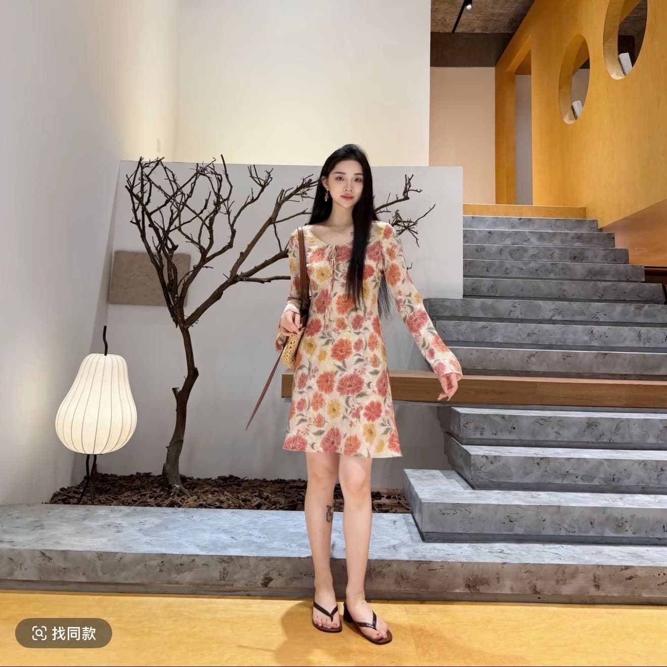 euri 한여름 주황색 색상 丨 더블 크레이프 긴팔 쇼트 스타일 드레스 상세 이미지 4