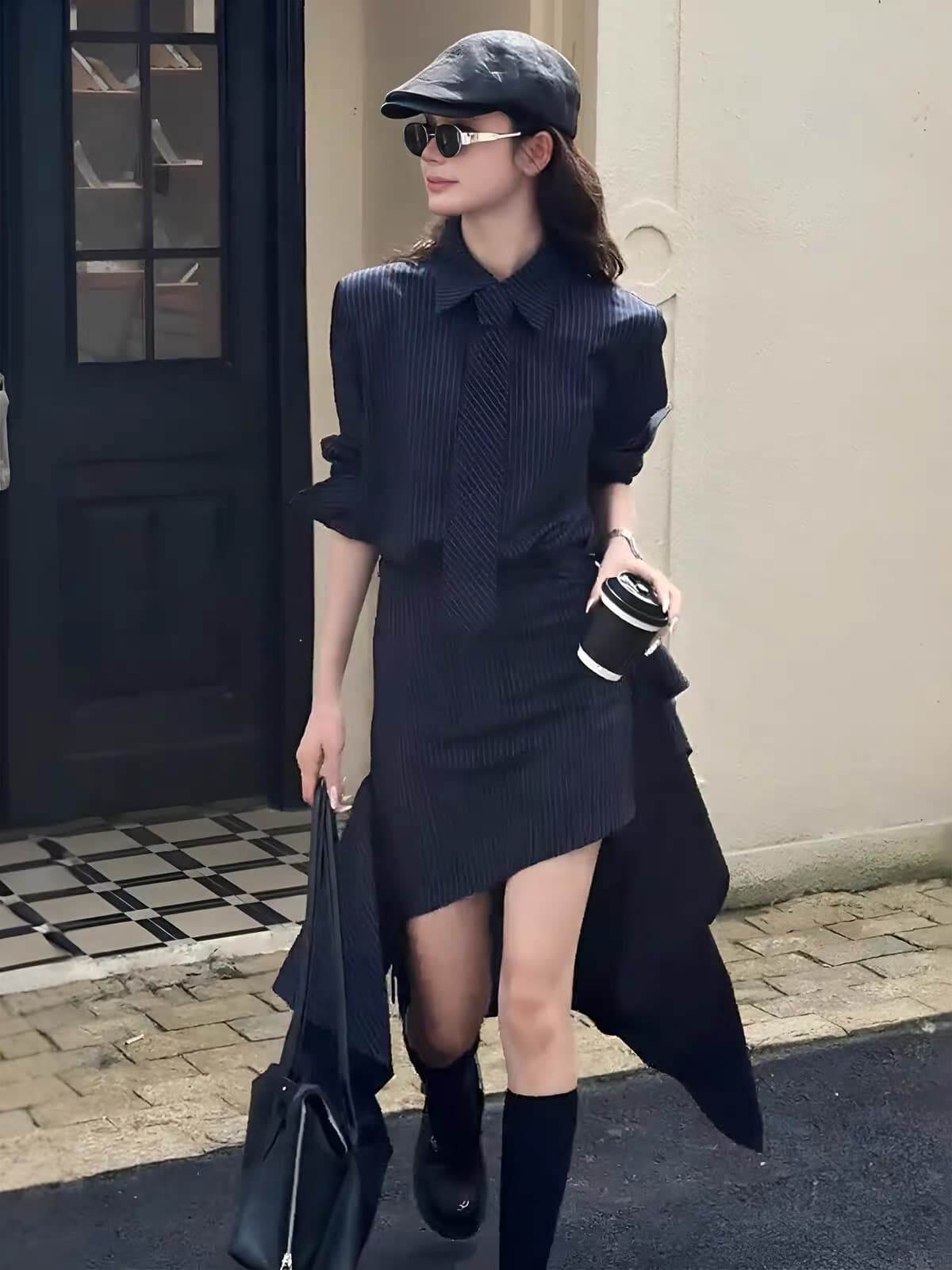 이른 가을 디자인 미니멀리즘 프랑스식 다용도 세련된 스트라이프 넥타이 셔츠 불규칙 반 스커트 세트 이미지 2