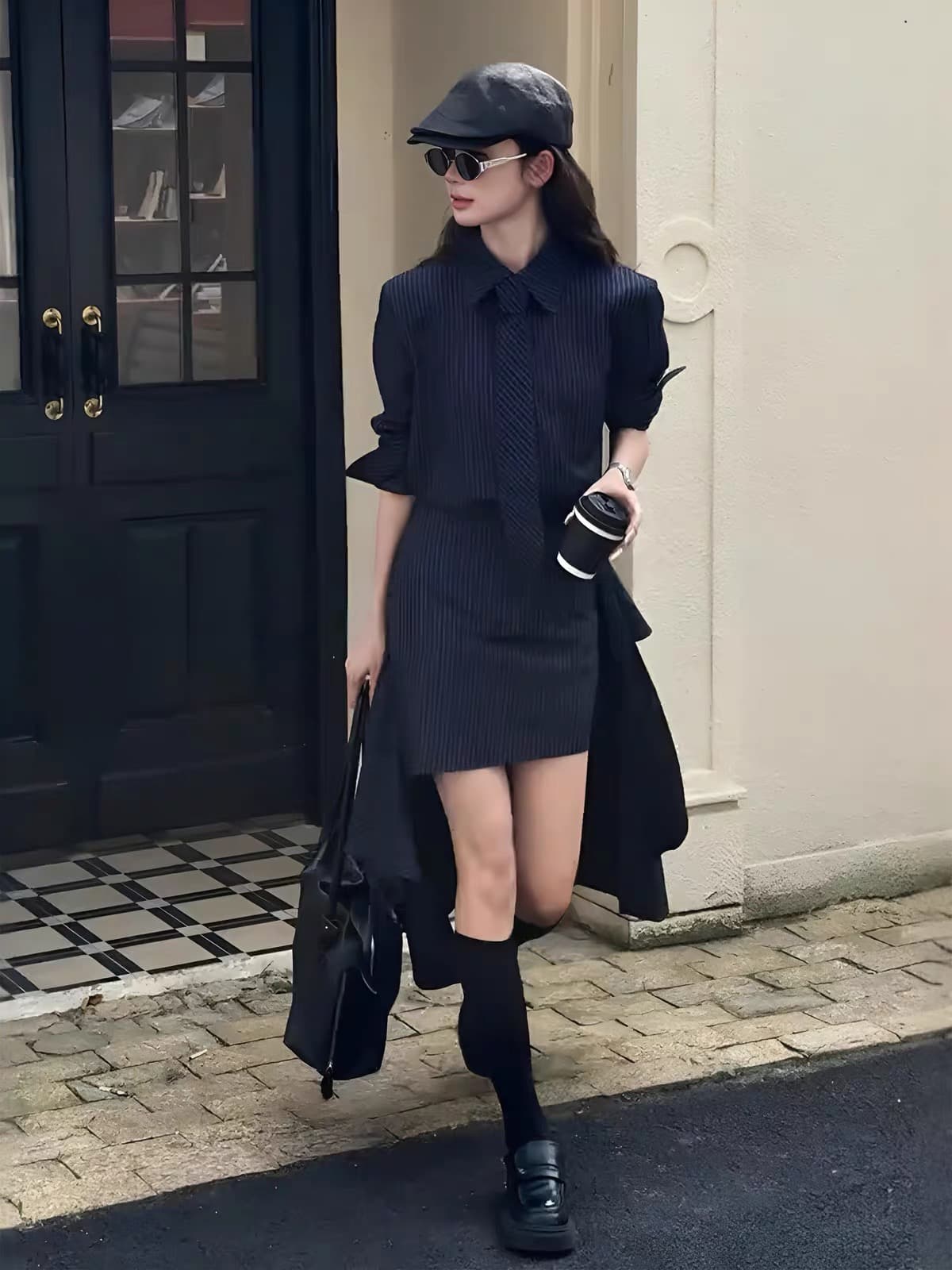 이른 가을 디자인 미니멀리즘 프랑스식 다용도 세련된 스트라이프 넥타이 셔츠 불규칙 반 스커트 세트 상세 이미지 1