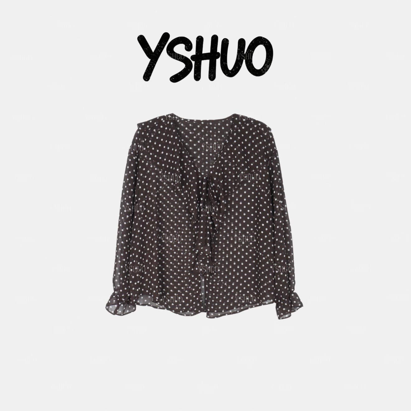 yshuo 법 남자 하루를 보내다 레트로 레오파드 무늬 도트 무늬 프릴 긴팔 셔츠 V넥 레이스업 맨위 상세 이미지 3