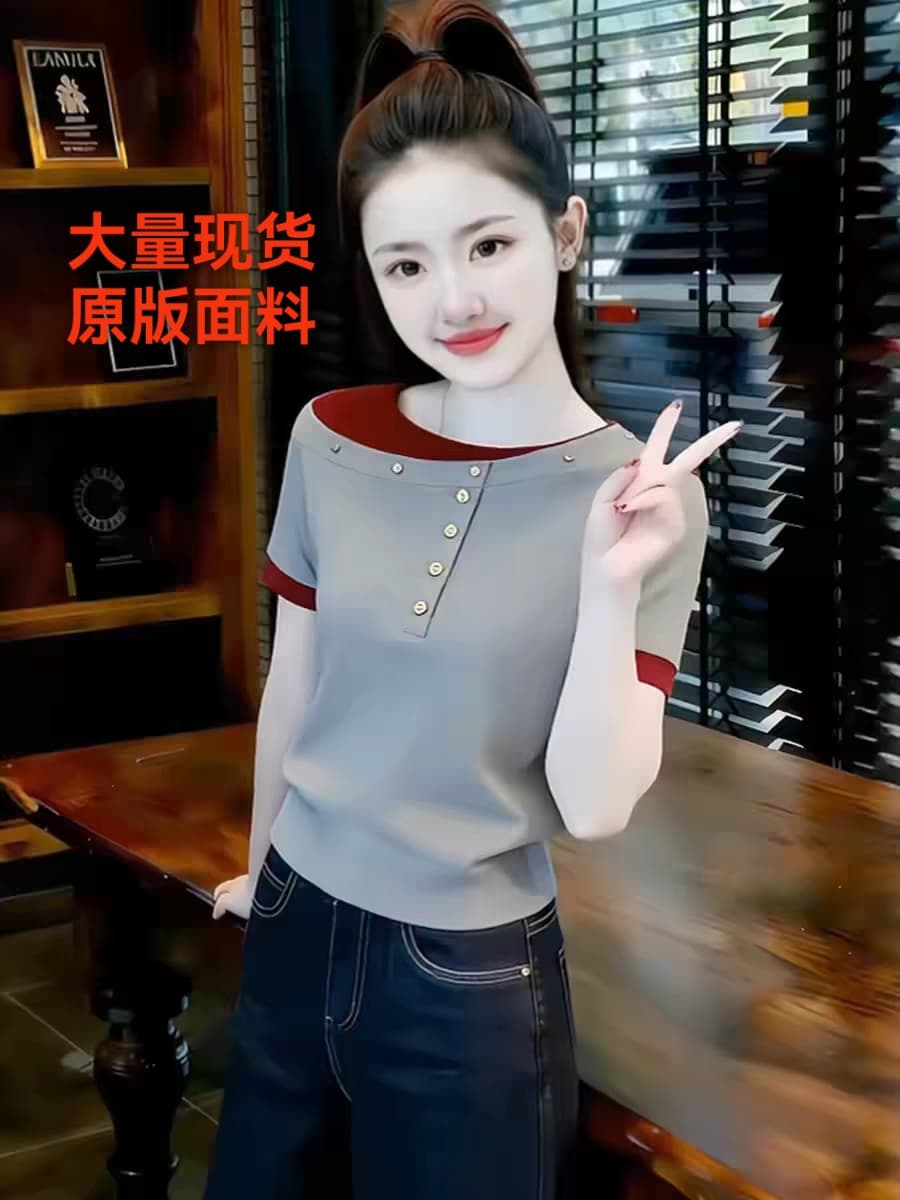 한 부서 비스듬한 칼라 배색 페이크 레이어드 반팔 티셔츠 여성 2026 여름 새로운 몸매 가꾸기 슬림해 보이는 연령 감소 외국 가스 맨위