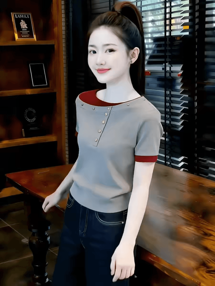 한 부서 비스듬한 칼라 배색 페이크 레이어드 반팔 티셔츠 여성 2026 여름 새로운 몸매 가꾸기 슬림해 보이는 연령 감소 외국 가스 맨위 이미지 4