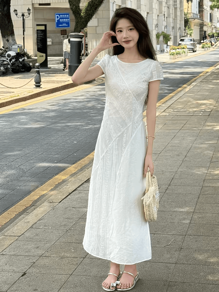 작은 키 프랑스식 품격 패치워크 화이트 여성 드레스 여름 2026 새로운 올해 인기 폭발 치마 롱 스커트 이미지 4