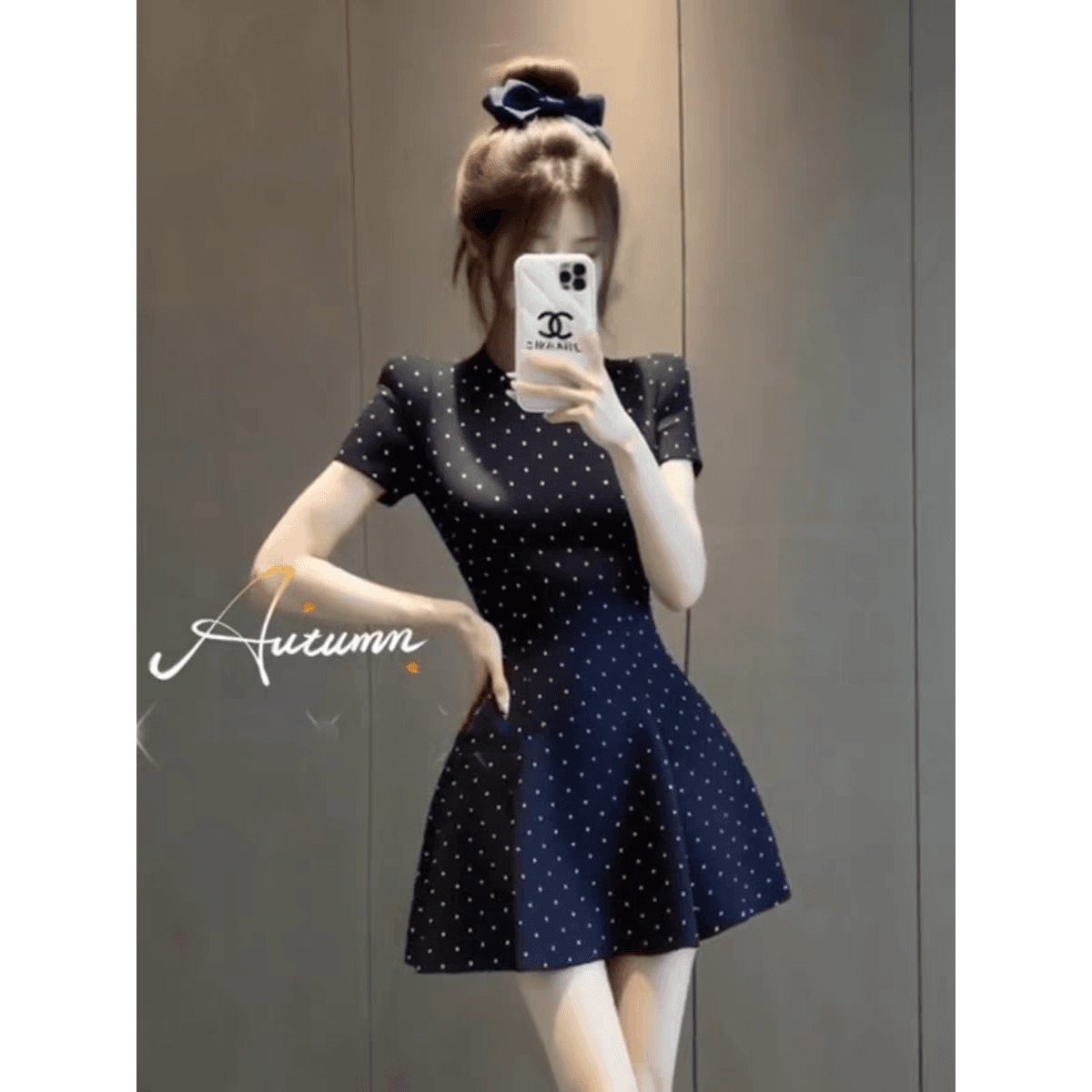 프랑스식 레트로 라운드 넥 도트 무늬 여성 드레스 여름 새로운 그는 벤 바람 A라인 스커트 슬림해 보이는 숨기기 고기 검정색 미니 스커트 이미지 5