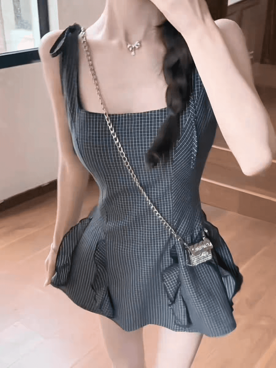 한 부서 작은 대중 스트라이프 민소매 슬립 여성 드레스 여름 허리 수축 슬림해 보이는 프릴 A라인 스커트 품격 짧은 치마