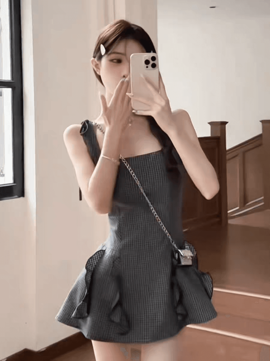 한 부서 작은 대중 스트라이프 민소매 슬립 여성 드레스 여름 허리 수축 슬림해 보이는 프릴 A라인 스커트 품격 짧은 치마 이미지 2