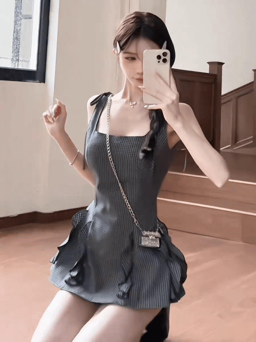한 부서 작은 대중 스트라이프 민소매 슬립 여성 드레스 여름 허리 수축 슬림해 보이는 프릴 A라인 스커트 품격 짧은 치마 이미지 4