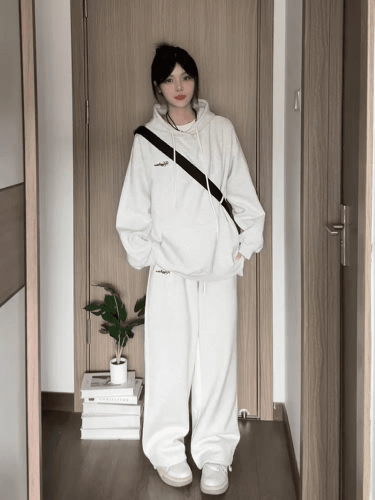 얇은 스타일 털이 있는 후드 티 스웨터 세트 여성 봄과 가을 학생 한국 스타일 루즈핏 긴팔 긴 바지 투피스 세트 이미지 4