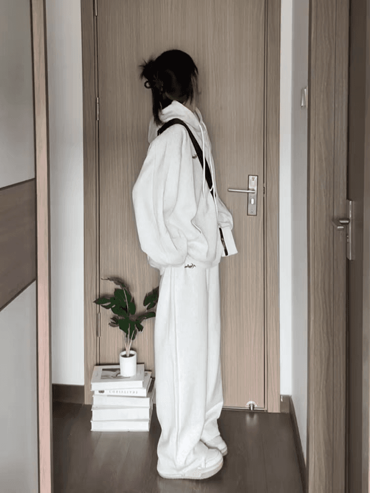 얇은 스타일 털이 있는 후드 티 스웨터 세트 여성 봄과 가을 학생 한국 스타일 루즈핏 긴팔 긴 바지 투피스 세트 상세 이미지 5