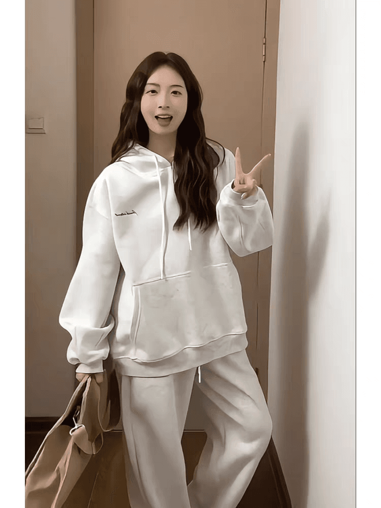 얇은 스타일 털이 있는 후드 티 스웨터 세트 여성 봄과 가을 학생 한국 스타일 루즈핏 긴팔 긴 바지 투피스 세트 상세 이미지 5