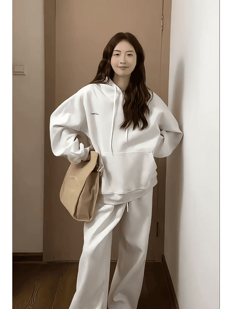 얇은 스타일 털이 있는 후드 티 스웨터 세트 여성 봄과 가을 학생 한국 스타일 루즈핏 긴팔 긴 바지 투피스 세트 상세 이미지 7