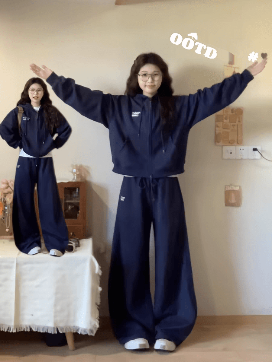 얇은 스타일 털이 있는 봄 가을 새로운 오픈 가디건 후드 티 스웨터 세트 여자 학생 루즈핏 다용도 투피스 세트 상세 이미지 3