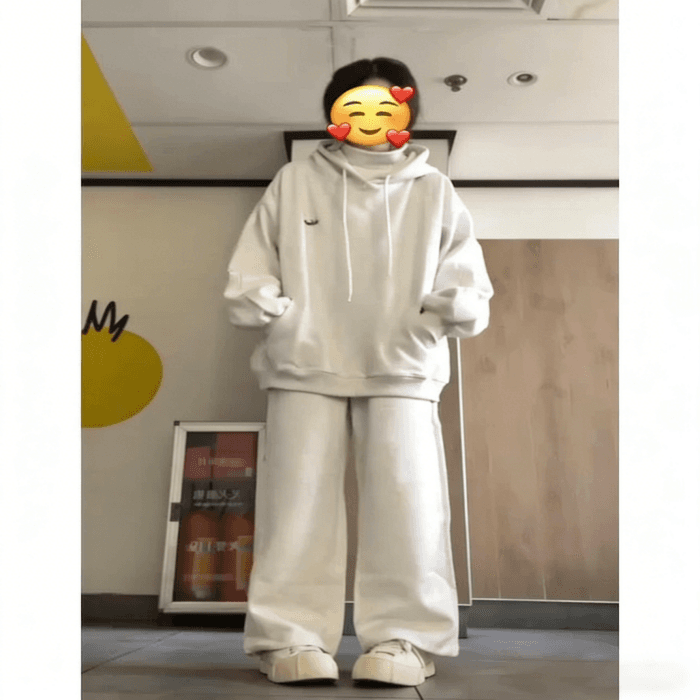얇은 스타일 털이 있는 후드 티 스웨터 세트 여성 봄과 가을 학생 한국 스타일 루즈핏 긴팔 긴 바지 투피스 세트 상세 이미지 6