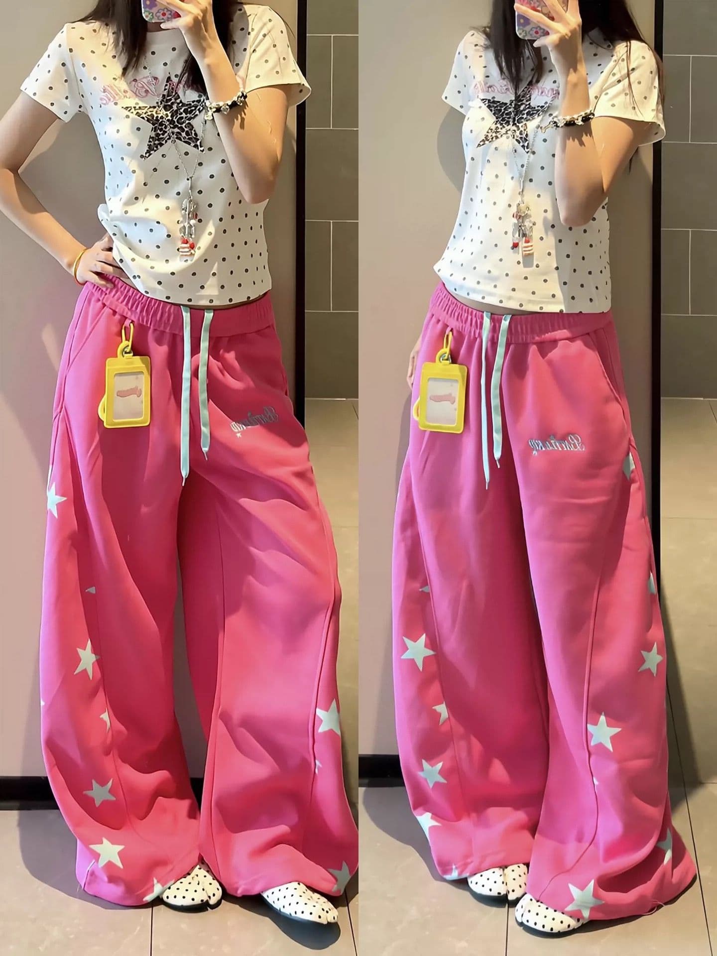 아메리칸 레트로 별 모통이 칼 바지 여성 여름 학생 한국 스타일 루즈핏 캐주얼 운동 긴 바지