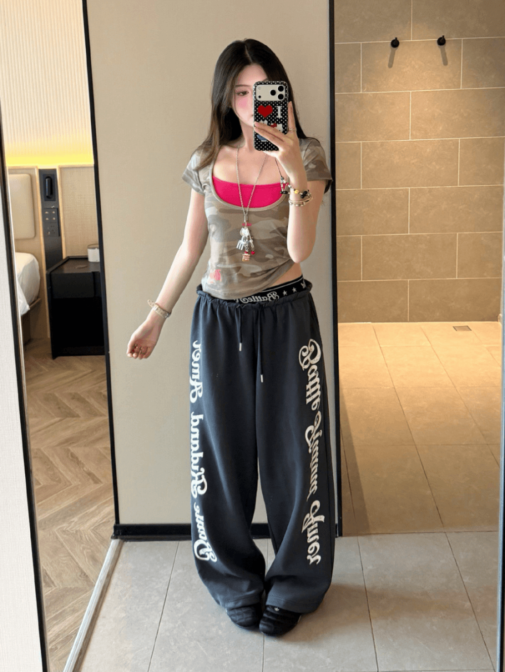 아메리칸 레트로 패치워크 허리 머리 캐주얼 바지 여성 여름 학생 루즈핏 춤추기 핫걸 운동 바지 이미지 3