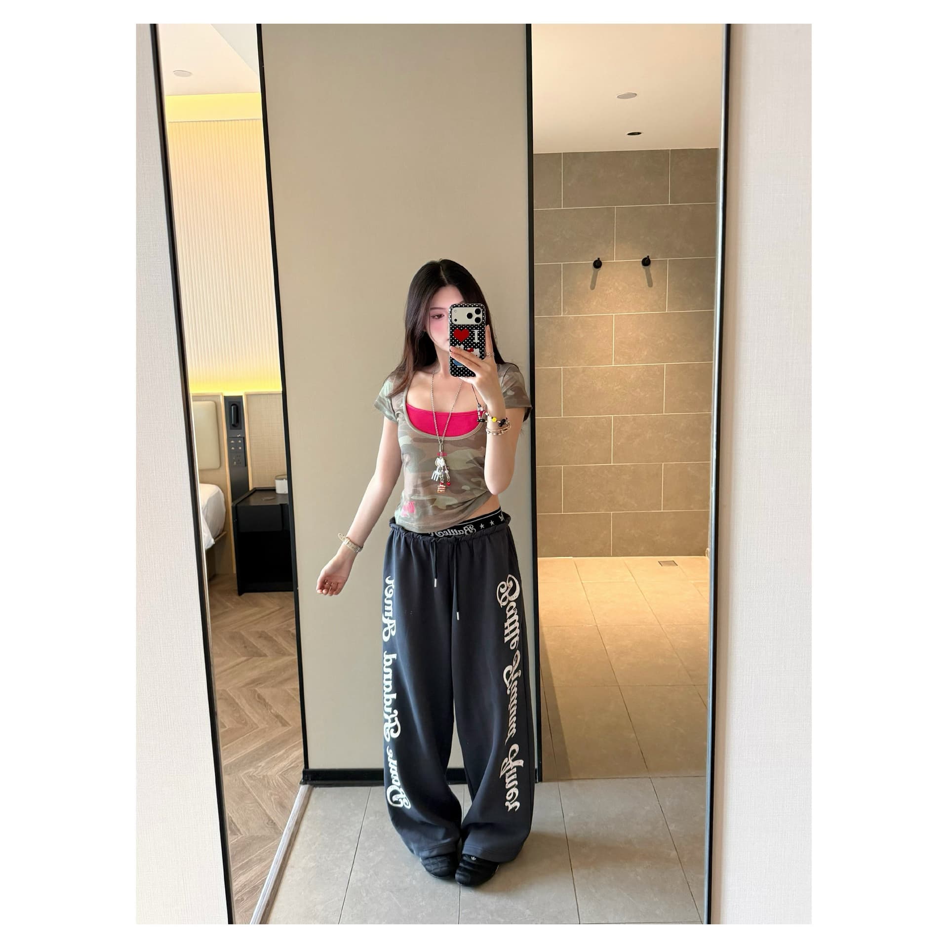 아메리칸 레트로 패치워크 허리 머리 캐주얼 바지 여성 여름 학생 루즈핏 춤추기 핫걸 운동 바지 상세 이미지 3