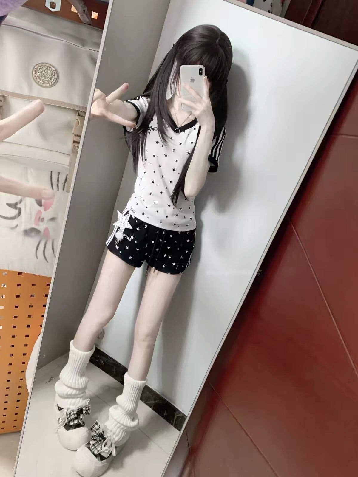 아메리칸 핫걸 별 프린트 세트 여성 여름 학생 루즈핏 다용도 V넥 반바지 투피스 세트 이미지 2