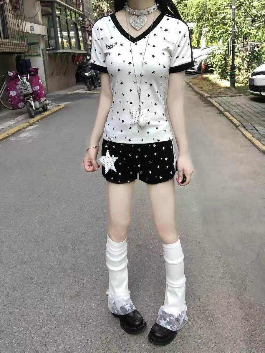 아메리칸 핫걸 별 프린트 세트 여성 여름 학생 루즈핏 다용도 V넥 반바지 투피스 세트 상세 이미지 6