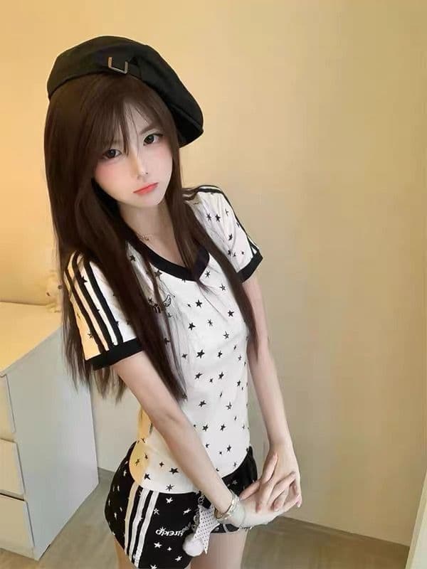 아메리칸 핫걸 별 프린트 세트 여성 여름 학생 루즈핏 다용도 V넥 반바지 투피스 세트 이미지 2