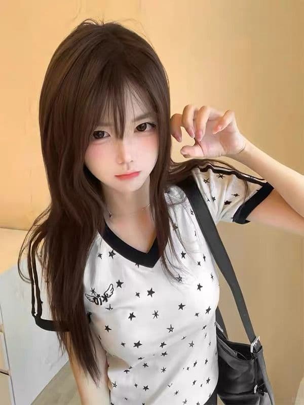 아메리칸 핫걸 별 프린트 세트 여성 여름 학생 루즈핏 다용도 V넥 반바지 투피스 세트 이미지 3