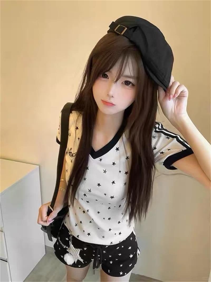아메리칸 핫걸 별 프린트 세트 여성 여름 학생 루즈핏 다용도 V넥 반바지 투피스 세트 상세 이미지 5