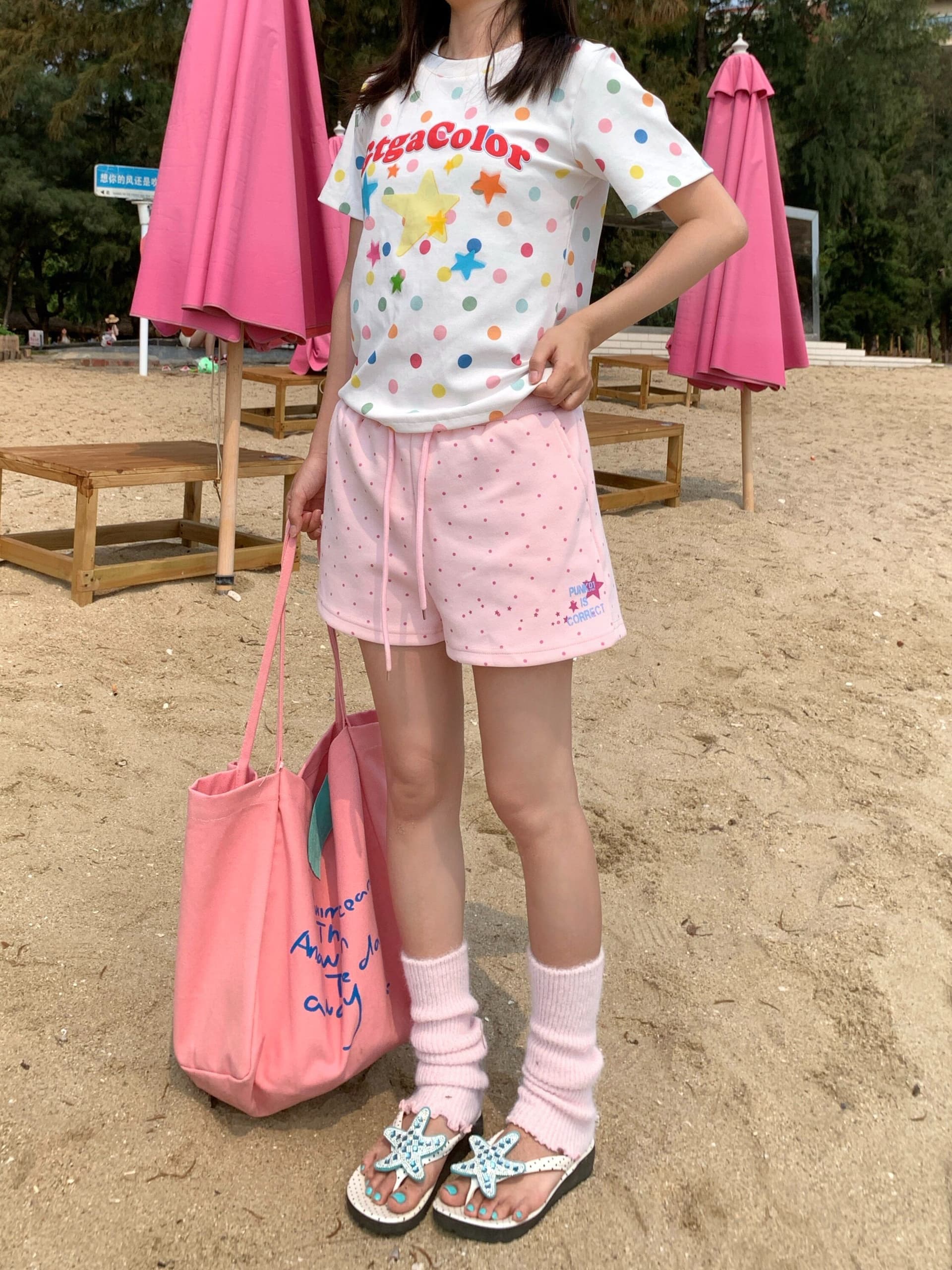 여름 도트 무늬 프린트 캐주얼 운동 반바지 여자 학생 한국 스타일 루즈핏 다용도 핫걸 넓은 다리 3 점 바지