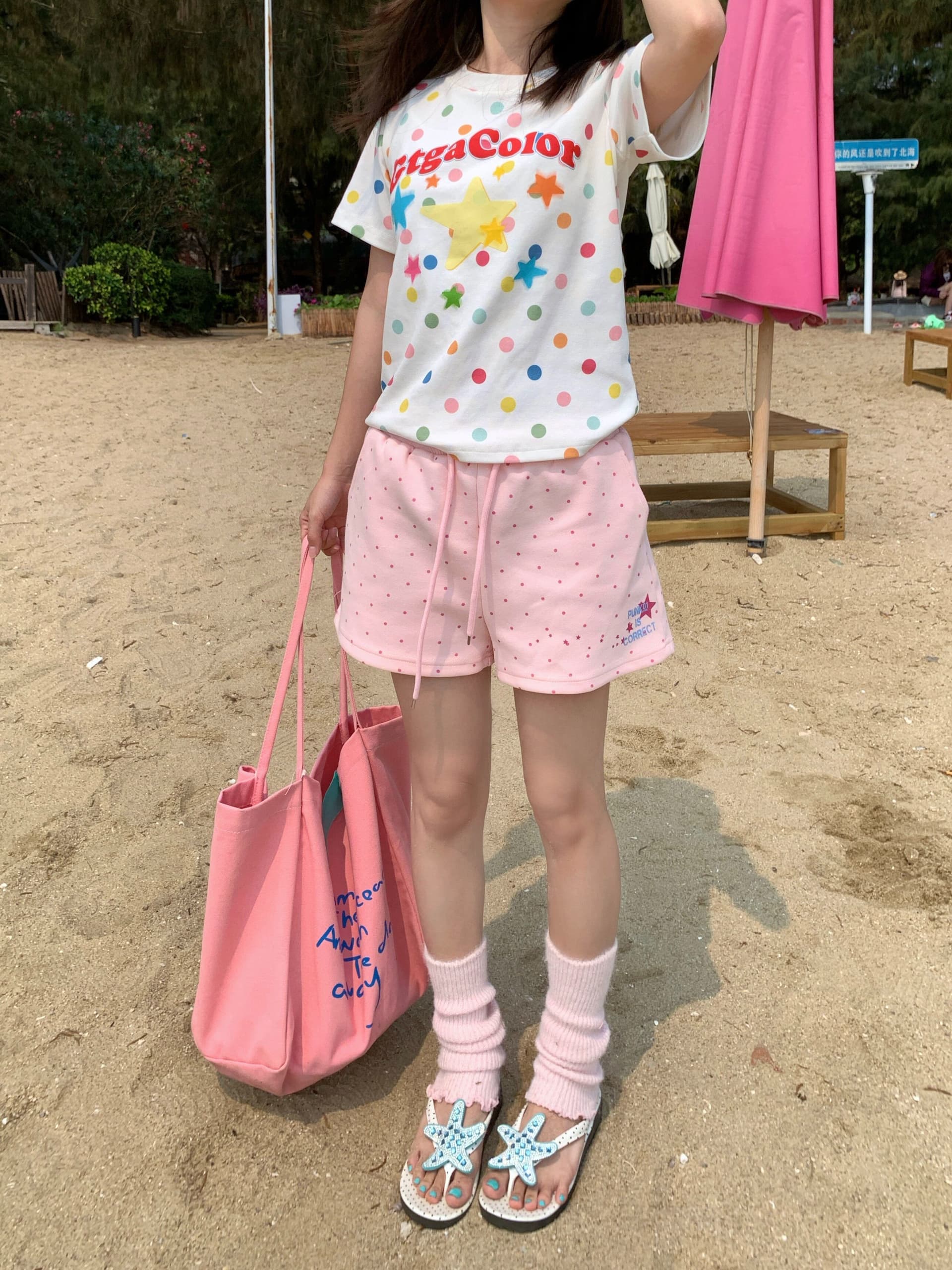 여름 도트 무늬 프린트 캐주얼 운동 반바지 여자 학생 한국 스타일 루즈핏 다용도 핫걸 넓은 다리 3 점 바지 상세 이미지 6