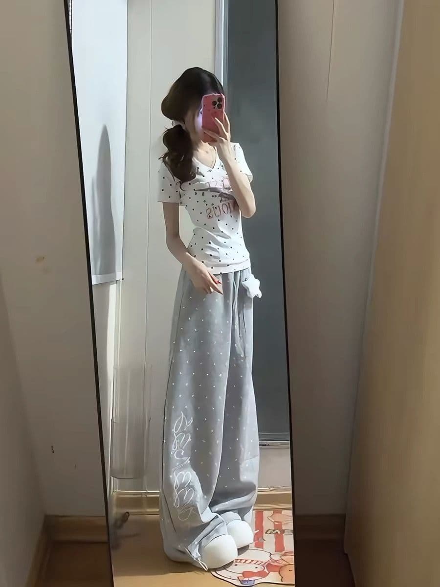 여름 도트 무늬 V넥 반팔 세트 여자 학생 루즈핏 다용도 캐주얼 운동 투피스 세트 상세 이미지 3
