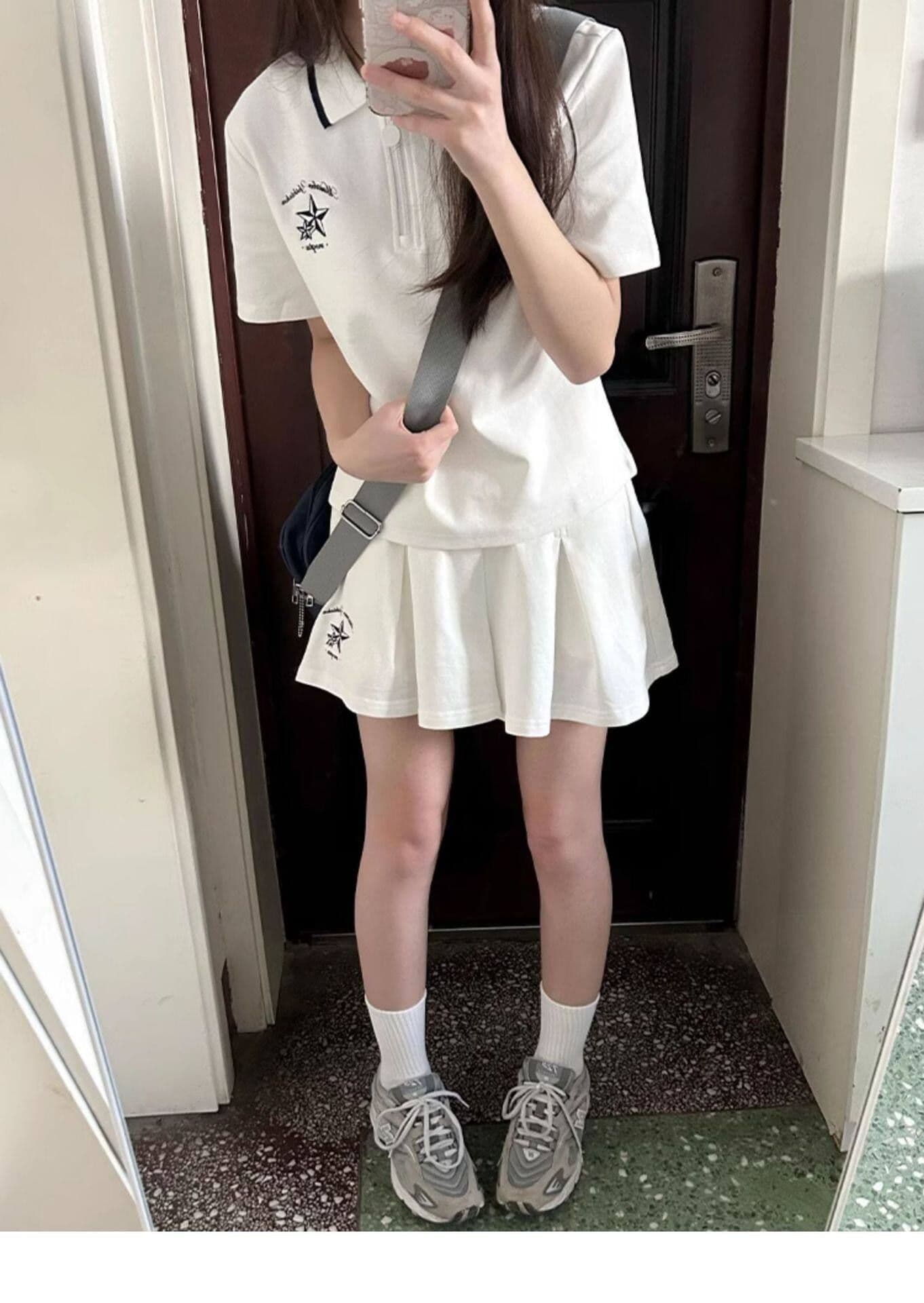 일본식 학원 스타일 캐주얼 스포츠 슈트 여성 여름 학생 루즈핏 다용도 polo 반팔 짧은 바지 투피스 세트 상세 이미지 2