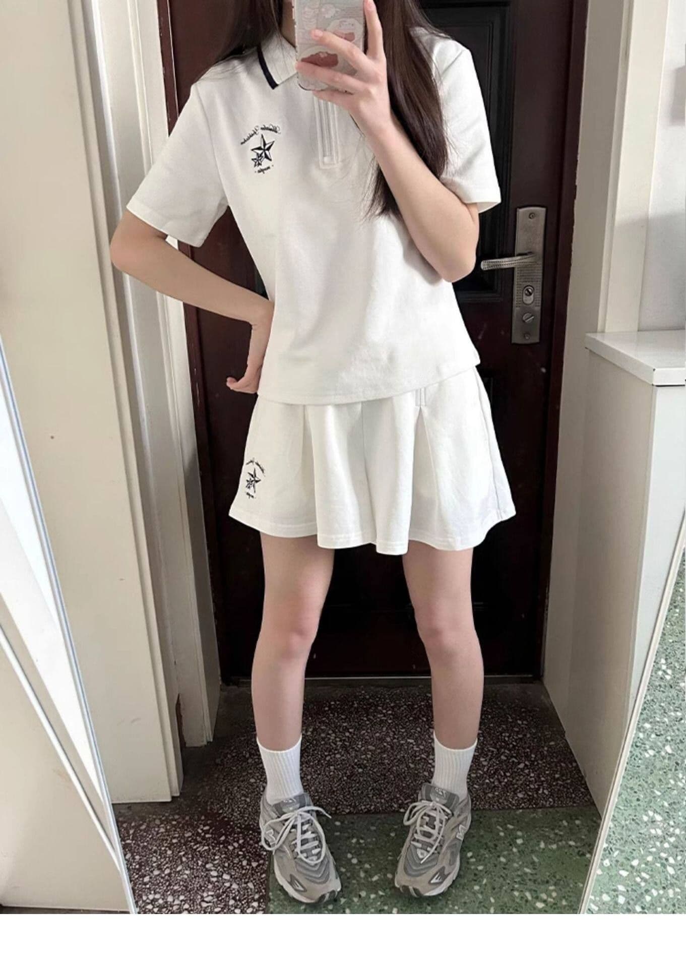 일본식 학원 스타일 캐주얼 스포츠 슈트 여성 여름 학생 루즈핏 다용도 polo 반팔 짧은 바지 투피스 세트 상세 이미지 3