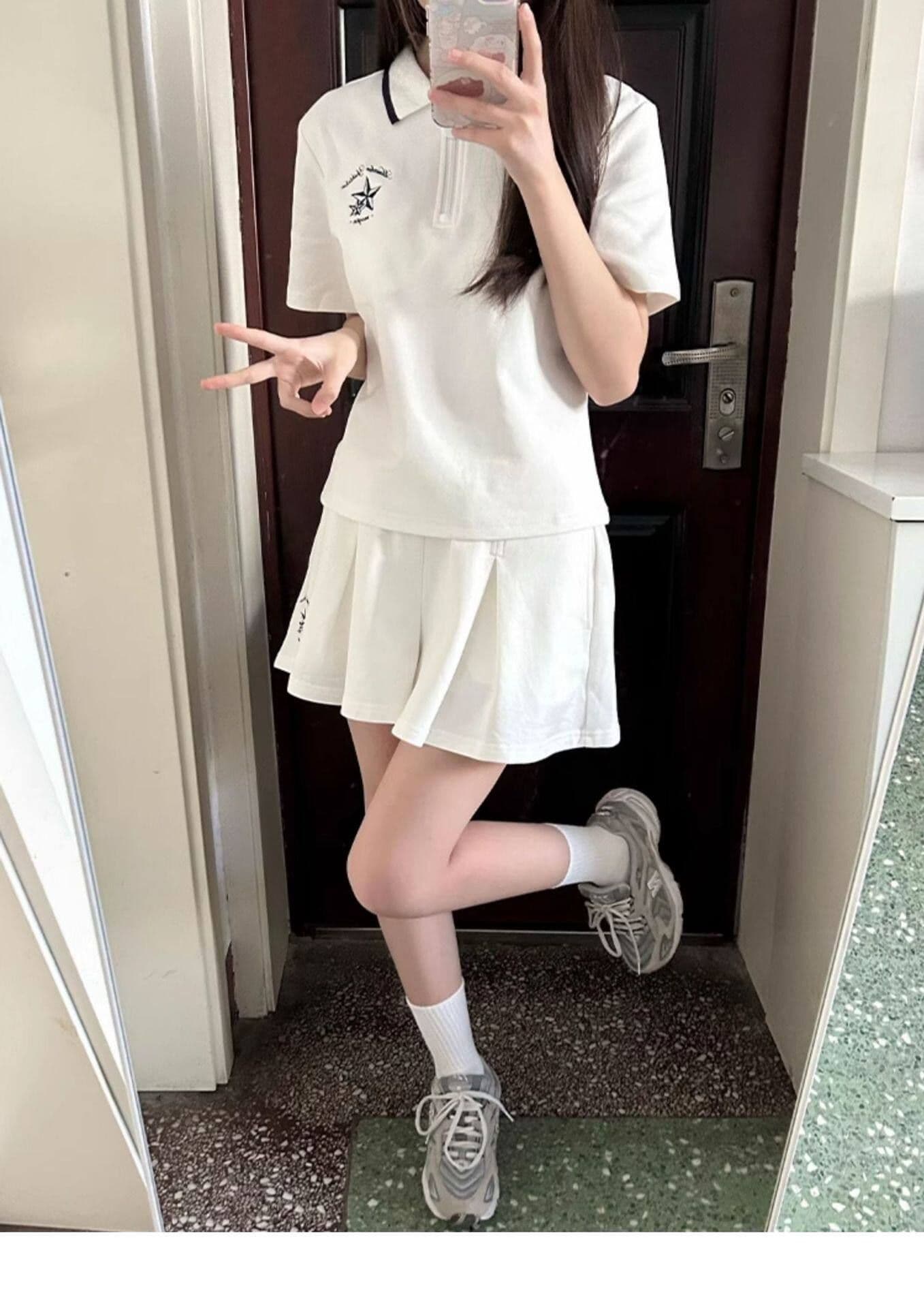 일본식 학원 스타일 캐주얼 스포츠 슈트 여성 여름 학생 루즈핏 다용도 polo 반팔 짧은 바지 투피스 세트 상세 이미지 4