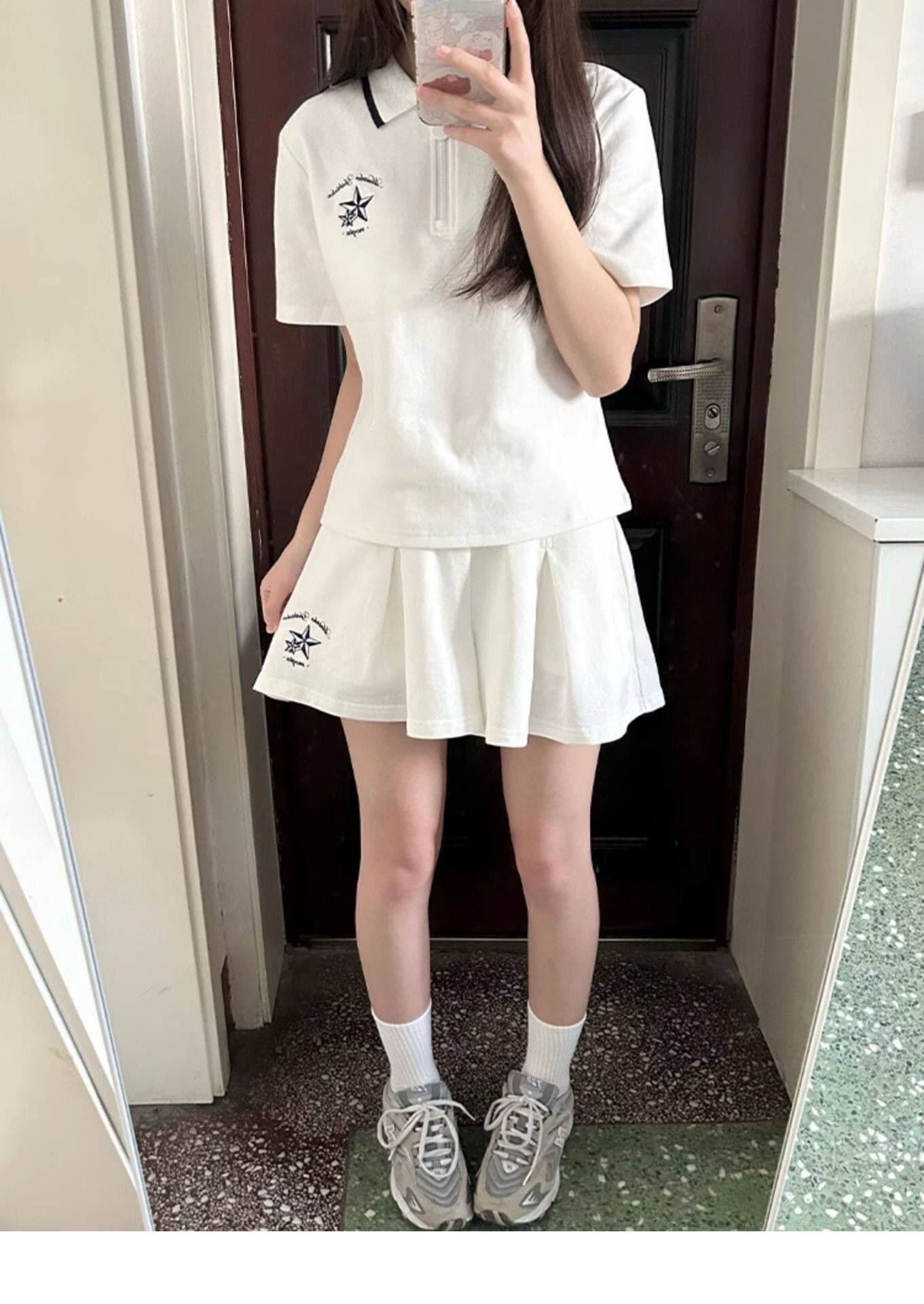 일본식 학원 스타일 캐주얼 스포츠 슈트 여성 여름 학생 루즈핏 다용도 polo 반팔 짧은 바지 투피스 세트 상세 이미지 5