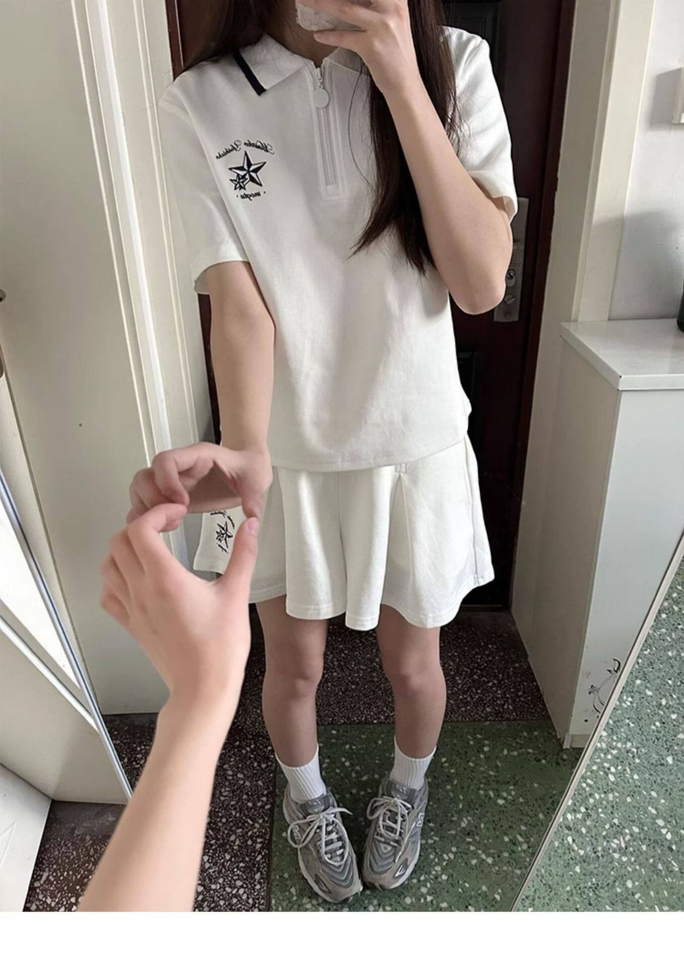일본식 학원 스타일 캐주얼 스포츠 슈트 여성 여름 학생 루즈핏 다용도 polo 반팔 짧은 바지 투피스 세트 상세 이미지 6