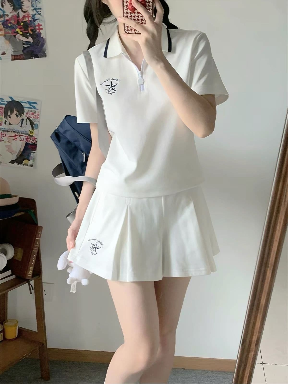 일본식 학원 스타일 캐주얼 스포츠 슈트 여성 여름 학생 루즈핏 다용도 polo 반팔 짧은 바지 투피스 세트 이미지 2